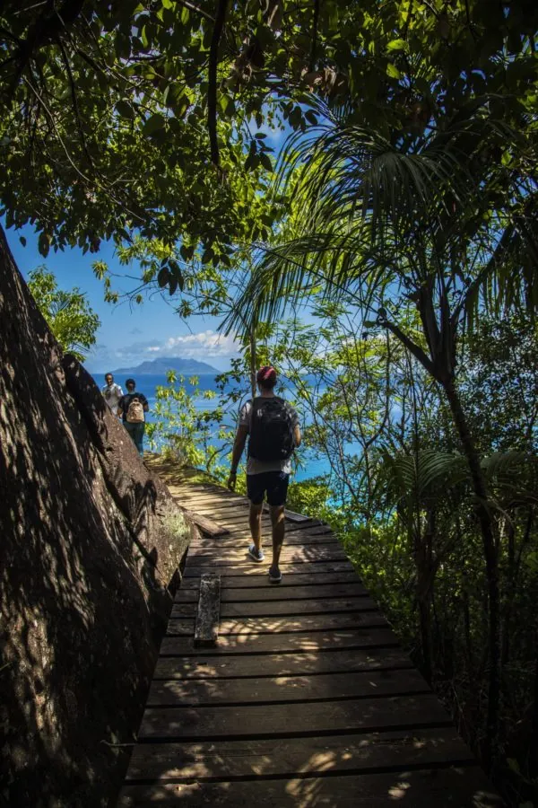 A hiker on the Anse Major trail above the sea
