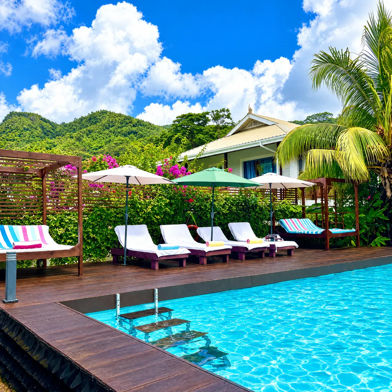 Sun loungers and parasols on the pool deck, with the green hills behind